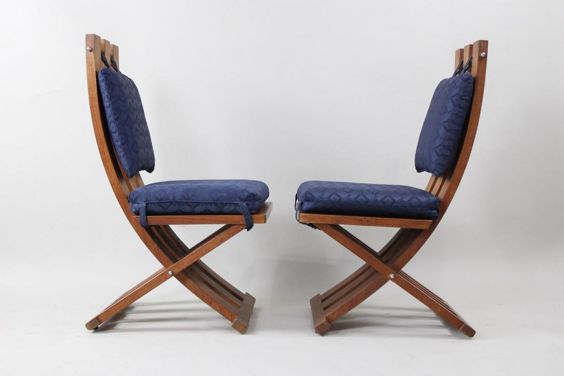 Pair of Harvey Probber Scissor Chairs, Slatted Wood: Pair of Harvey Probber Scissor Chairs, Slatted Wood. These mid century modern chairs has blue cushions. No makers mark. There is another similar pair of chairs with a different shade of blue cushions 