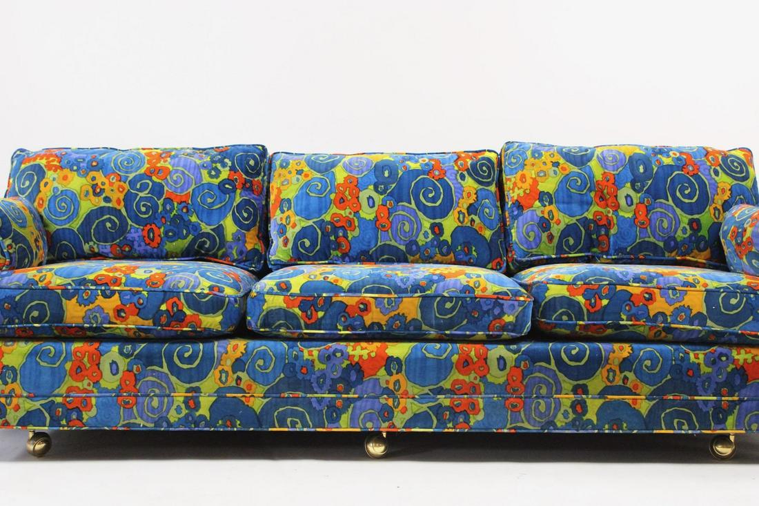 Mid Century Modern Sofa with Jack Lenor Larsen Fabric: Mid Century Modern Sofa with Jack Lenor Larsen Fabric. This sofa was said to have not been used by the family it originated from, hence the amazing condition. Dimensions are 29 in h x 90.5 in w x 31 i
