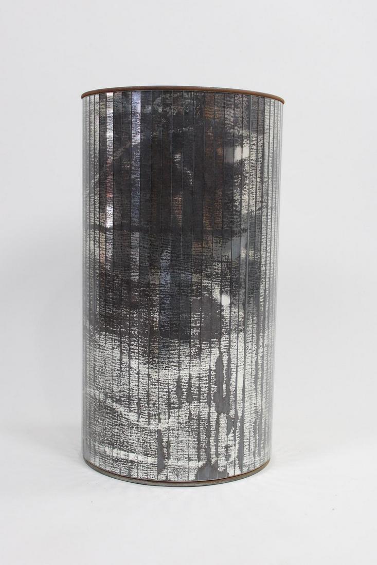 Mid-Century Modern Mirrored Metal & Glass Trash Can: Mid-Century Modern Mirrored Metal Trash Can. Unusual metal trash bin has a mirrored and faceted glass exterior. Marked on the underside P/K Products, Elgin Illinois. Dimensions are 19.5 in h x 10.75 i