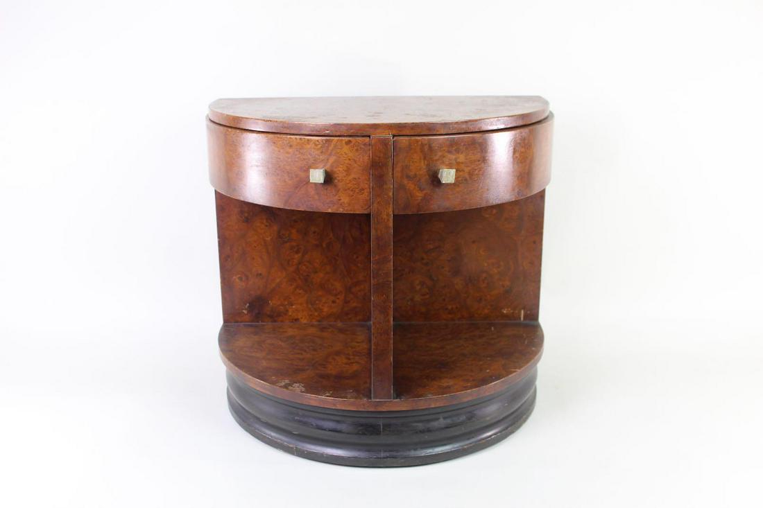 Donald Deskey Art Deco Demilune Widdicomb Side Table: Donald Deskey Art Deco Demilune Widdicomb Side Table. Handsome two-drawer side table made with a beautiful elm wood burl veneer by Donald Deskey for The Widdicomb Furniture Co. Two side-hinged drawers
