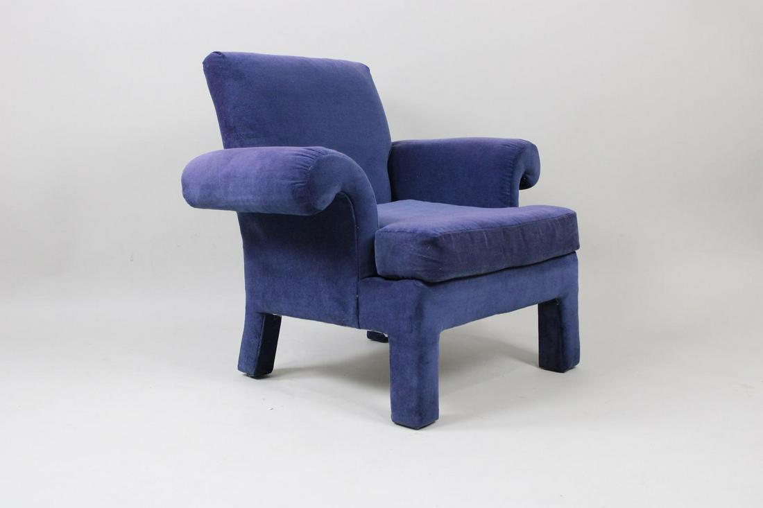 Postmodern Blue Donghia Lounge Chair for Kroehler: Postmodern Blue Donghia Lounge Chair for Kroehler. This is fantastic, postmodern armchair manufactured by Kroehler. It has a minimalist form with curved armrests and straight, fully upholstered legs. 