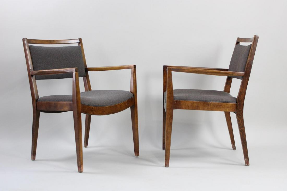 Pair of Scandinavian Mid-Century Modern Wide Dining Chairs: Pair of Scandinavian Mid-Century Modern Wide Dining Chairs. Matching pair of Scandinavian style chairs have wooden frames with blue gray upholstery on the seat and back. Wider than the average chair. 