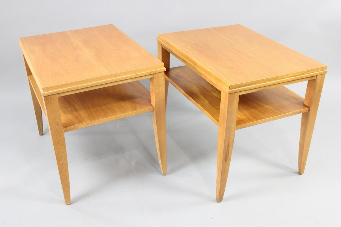 Pair of Modern Two-Tier Side Tables by Ethan Allen: Pair of Modern Two-Tier Side Tables by Ethan Allen. These are very well made solid wood side table with minimal styling. Marked Ethan Allen. Dimensions are 24 in h x 20 in w x 27 in d. Condition is ve