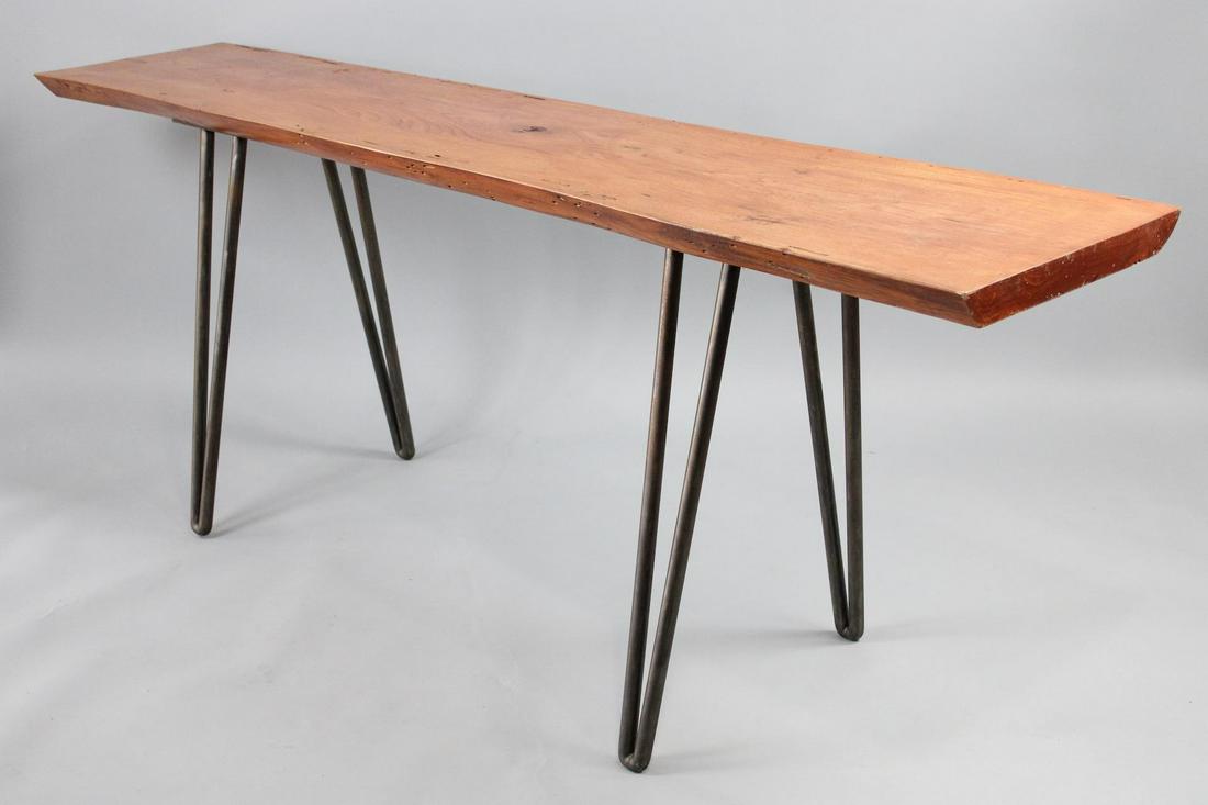 Modern Live Edge Wood Slab Dining Table, Tubular Hairpin Legs: Modern Live Edge Wood Slab Dining Table, Tubular Hairpin Legs. This is a contemporary made table with custom thick tubular hairpin legs. Dimensions are 31.75 in h x 82.75 in w x 20 in d. Condition is