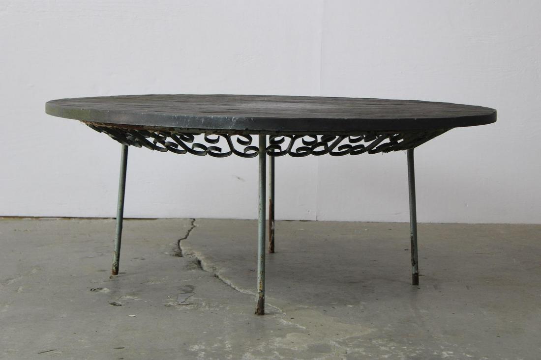 Iron Patio Coffee Table Base & Faux Slate Top by Arthur Umanoff: Iron Patio Coffee Table Base & Faux Slate Top by Arthur Umanoff. The faux slate top is not original to the table base but looks great, could replace with a simple piece of glass. Has remnants of paint