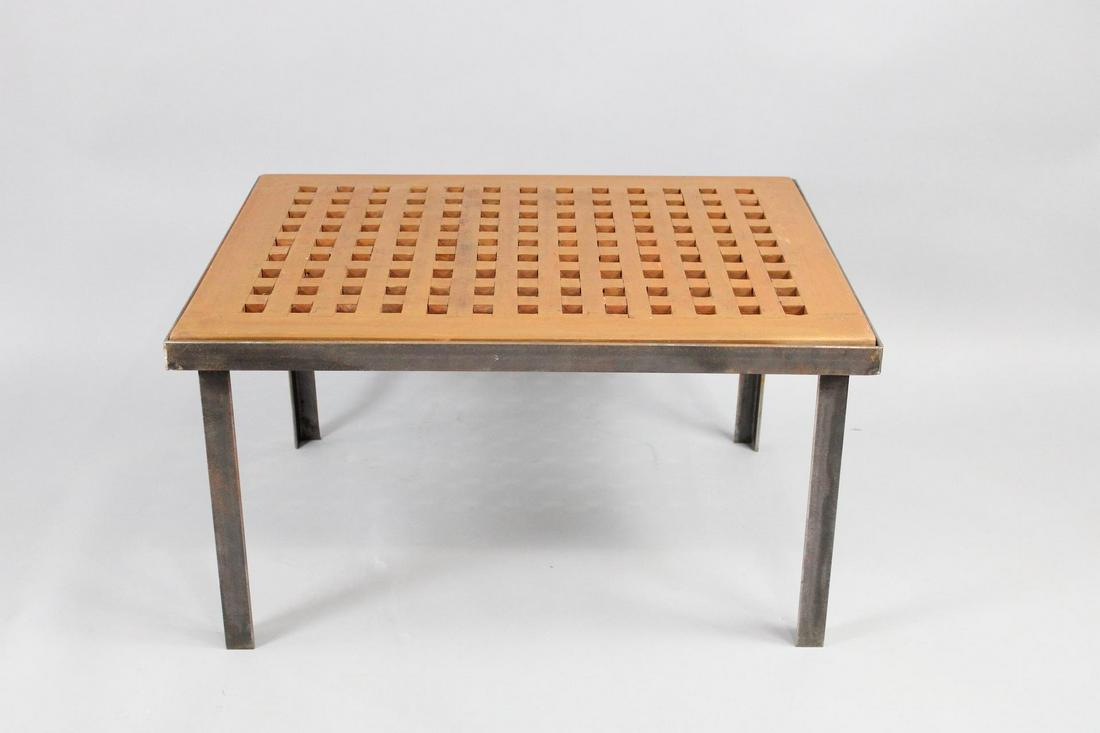 Modern Wooden Grate & Custom Steel Coffee Table: Modern Wooden Grate & Custom Steel Coffee Table. This is a contemporary creation, compeletely custom. Handmade steel base/frame with reclaimed wooden grate surface. Dimensions are 18.25 in h x 26.75 i