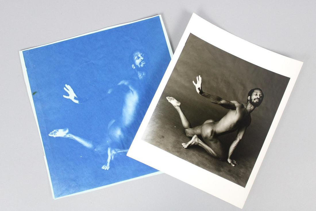 Jonathan Atkin Photograph; Eleo Pomare: Jonathan B. Atkin, American Photographer. This lot includes a black and white photograph of the modern dance choreographer Eleo Pomare in a dynamic pose. Quantity: 2 Size 10 x 8 in Photographer: Jonat