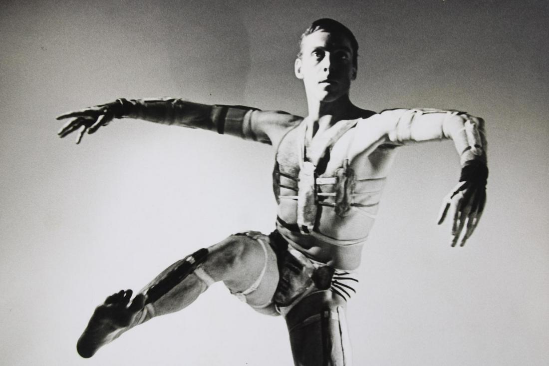 Jack Mitchell Photographs; Dancer Paul Taylor in "Fibers": Jack Mitchell, American Photographer 1925- 2013. Single B&W photo of dancer/choreographer Paul Taylor performing 'Fibers' in 1962 in a costume designed by Rouben Ter-Arutunian. Inscribed on the back "