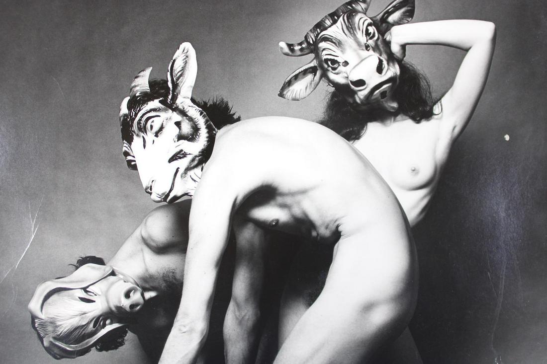Jack Mitchell Photographs; 3 Nude Figures for After Dark 1971: Jack Mitchell Photographs; 3 Nude Figures for After Dark. Lot of 4 B&W photos of 2 men & a woman posing, 2 images wearing masks. Dated 1971, from the After Dark Magazine archive. Quantity: 1 Size 11 x