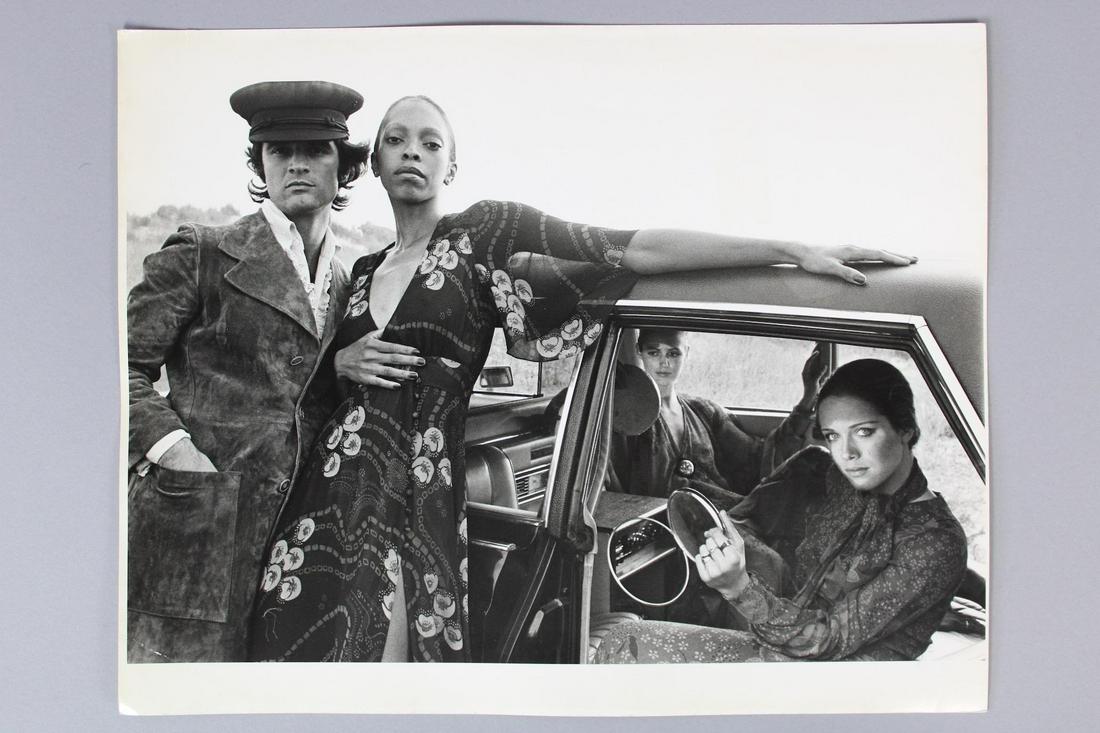 Fashion Group Photos by Car and Laying on Pillows: This is an excellent lot of 4 fashion photographs of people lounging around a car in a field and lounging on the ground with large pillows Quantity: 4 Size 14 x 11 in Photographer: Unknown Condition: 