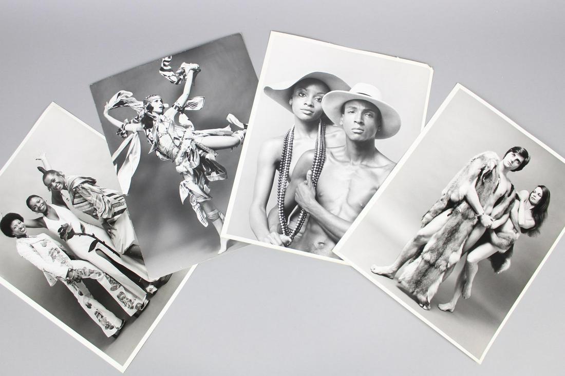 Kenn Duncan Photographs; Fashion Models Covered in Scarves Necklaces Fur: Kenn Duncan American Photographer 1928 -1986. This lot includes 4 photographs of various counter culture fashion models. One model is dancing covered with scarfs, another couple is wearing nothing but