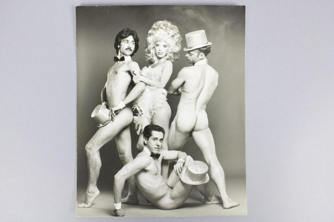 Roy Blakey Photographs; Greenwich Village Follies: Roy Blakey American Photographer b.1930. Lot of 5 B&W photos of a naked troupe of 3 male & 1 female nude dancers in the "Greenwich Village Follies." These photos are undated but they are from 1968-198