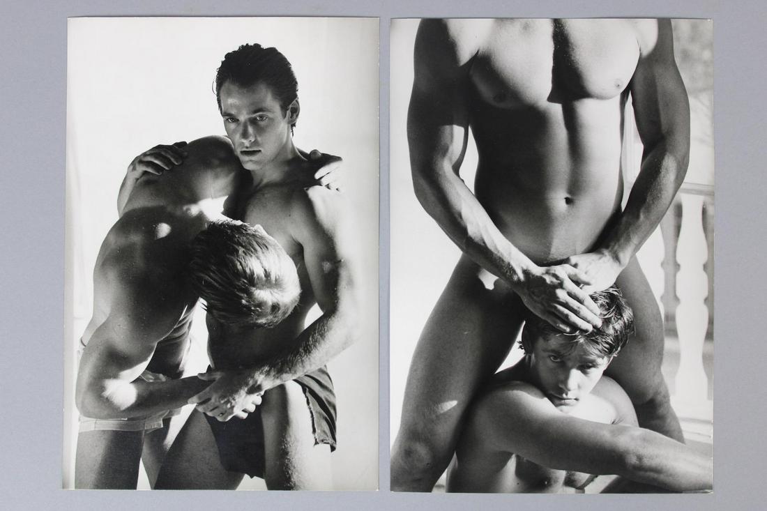 Herb Ritts Photographs; 2 Nude Male Models, Physique: Herbert Ritts Jr. American Photographer (1952-2002). Lot of 2 B&W photos of 2 young men posing together in provocative poses. These photos are undated but are from 1968-1983. Quantity: 2 Size 9.85 x 6