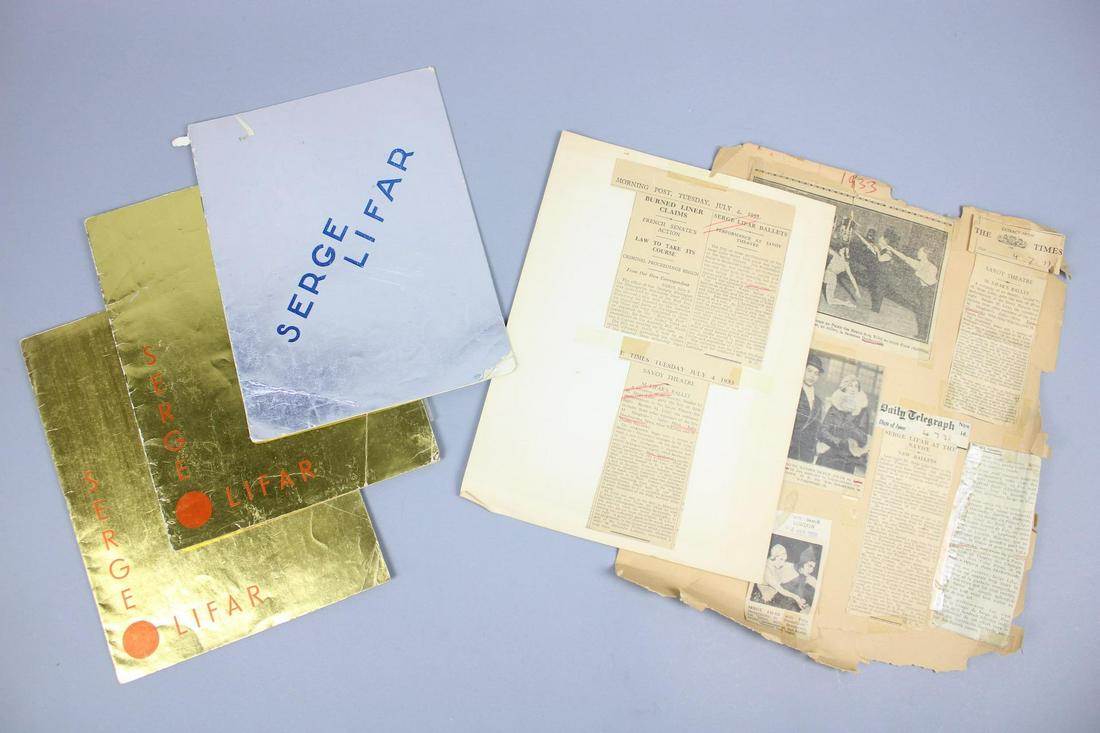 Serge Lifar Newspaper Clippings & Programs, 1930s Paris Ballet: Incredible lot of newspaper clippings & programs featuring Ukranian dancer Serge Lifar's performances at the Paris Opera Ballet. Programs are dated 1932 and 1933. From the archive of Dance Magazine. Q