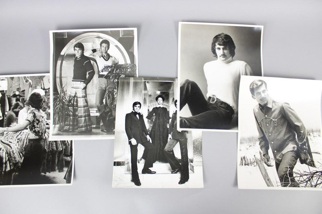 Kenn Duncan Photographs; 1970s Men's Fashion: Kenn Duncan American Photographer 1928 -1986. Large lot of 38 B&W photos of men's fashion, including ruffled shirts, tunics, a plaid cape, floral shirts and so much more. Undated but likely 1970s. Qua