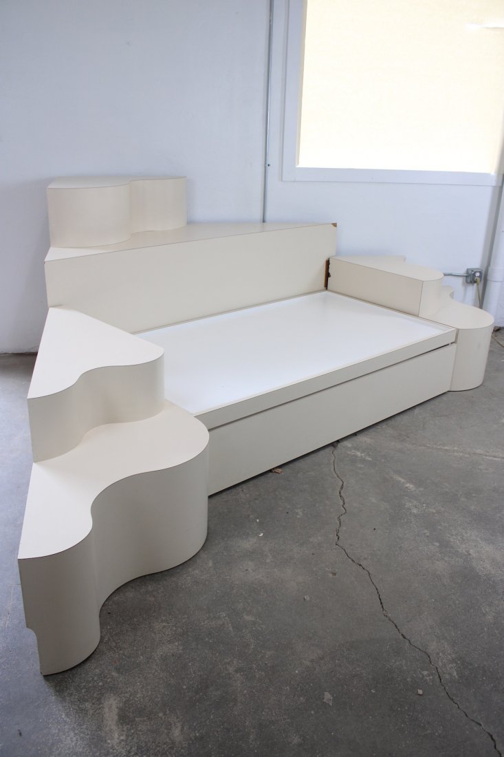Custom Modern Modular White Formica Daybed or Bed: Unusual Modern Modular White Formica Daybed or Bed. Fantastic daybed is made of formica over wood, and comes apart into several pieces. Curved components in 3 tiers allow you to create your nest, with