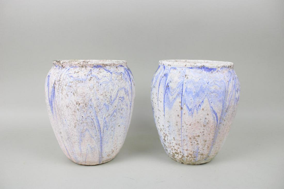 Pair of White & Blue Ozark Roadside Tourist Pottery Plant Pots (1 of 15)