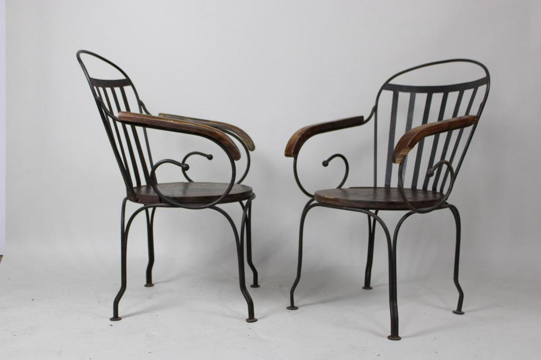 Pair of Wrought Iron & Wood Seats Garden Chairs (1 of 16)
