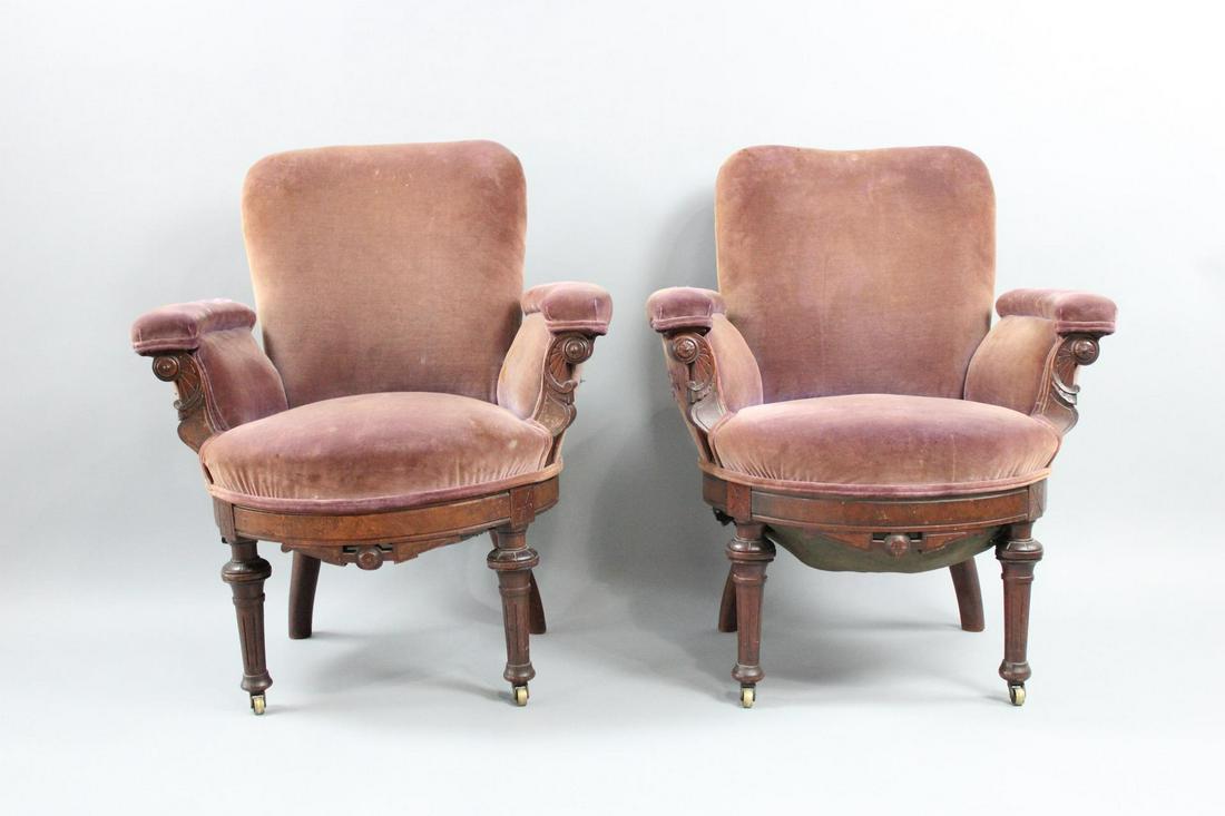 Pair of Victorian Salmon Pink Velvet Parlor Chairs (1 of 15)