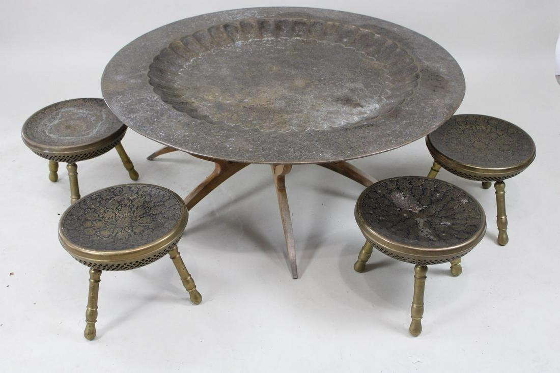 Mid-Century Modern Large Moroccan Brass Tray Table with 4 Stools (1 of 11)