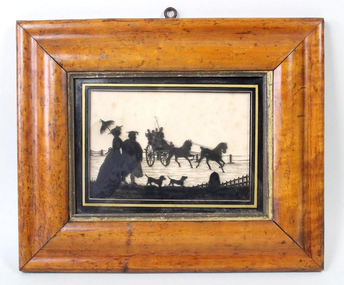 Antique British Reverse Painted Silhouette, "Returning From Ascot 1840" in Burl Frame (1 of 7)