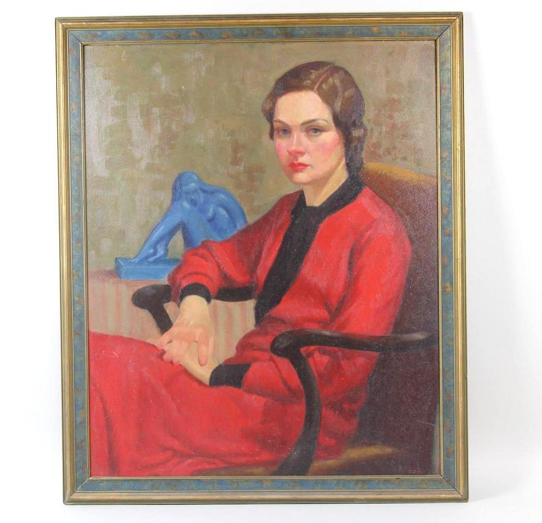 Modernist Portrait Oil Painting of a Woman in a Red Dress, Signed Reber 1935: Modernist Portrait Oil Painting of a Woman in a Red Dress, Signed Reber 1935. Beautifully rendered portrait on masonite of a seated young brunette, with a modernist blue nude female sculpture to her l