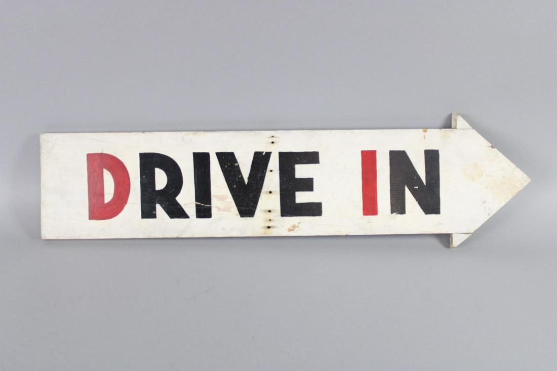 Painted Wooden Folk Art Arrow Shaped "Drive In" Sign (1 of 8)