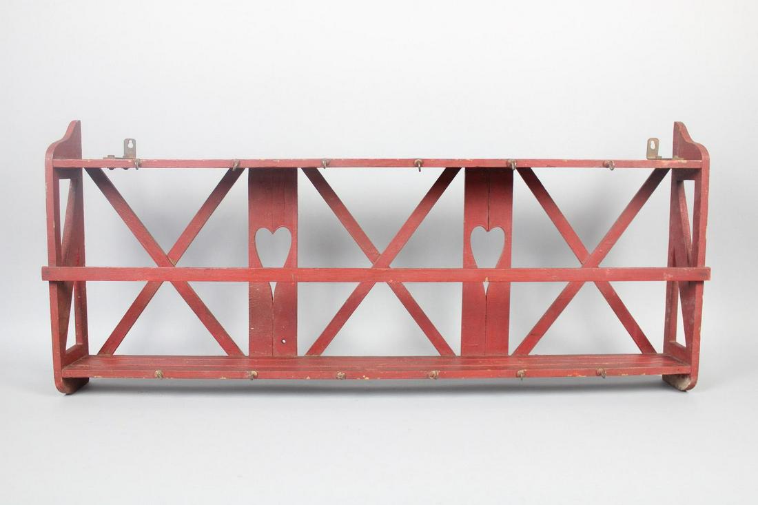 Primitive Red Painted Wood Shelf/Coat Rack, Heart Cutouts (1 of 10)