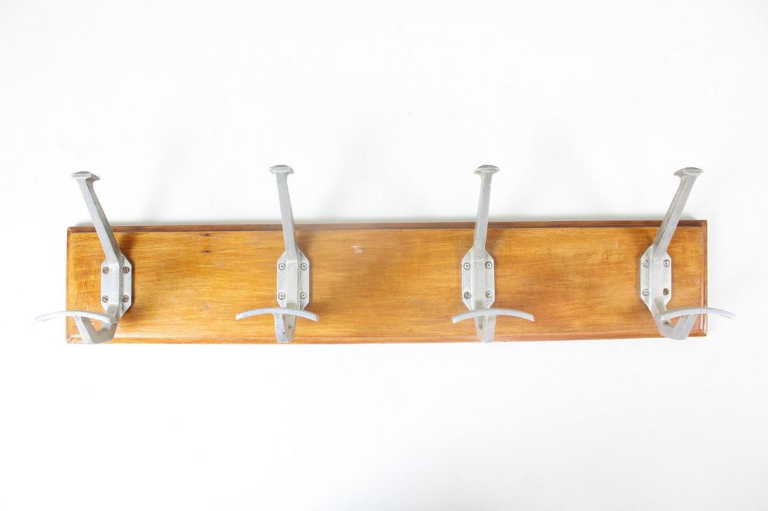 Wood Wall Mounted Coat & Hat Rack w/ Art Deco Aluminum Hooks (1 of 8)