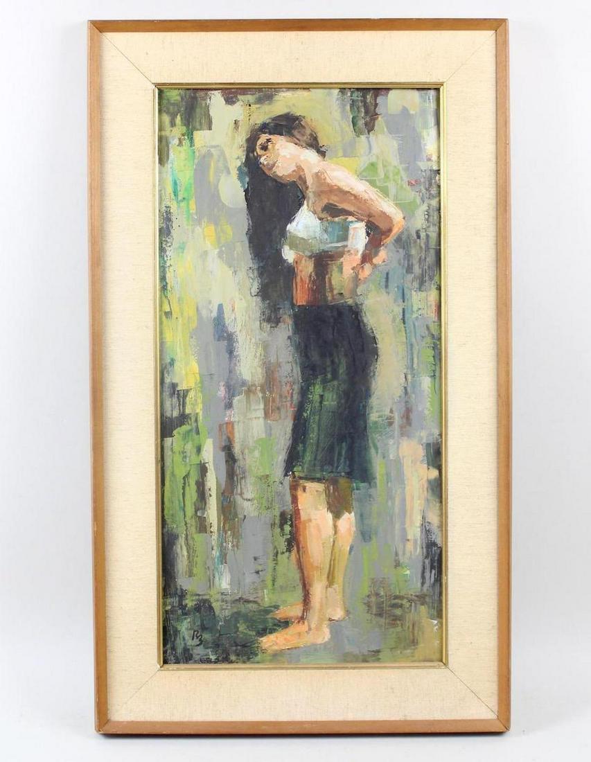 Ron Blumberg Framed Painting, "Dressing" 1964: Ron Blumberg Framed Painting, "Dressing" 1964. Colorful palette knife painting on masonite of a young woman dressing. Initialed RB lower left. In a wooden frame with linen liner. Signed, titled and da