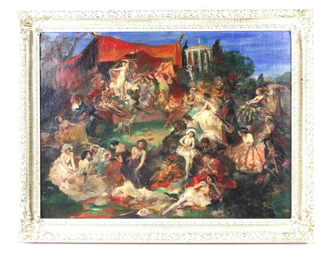 Vibrant & Playful Neoclassical Painting of a Theater Performance & Crowd, Signed: Colorful & Playful Neoclassical Painting of a Theater Performance & Crowd. Oil painting on stretched canvas, depicting an outdoor theater performance with Greek mythological figures, with an audience 