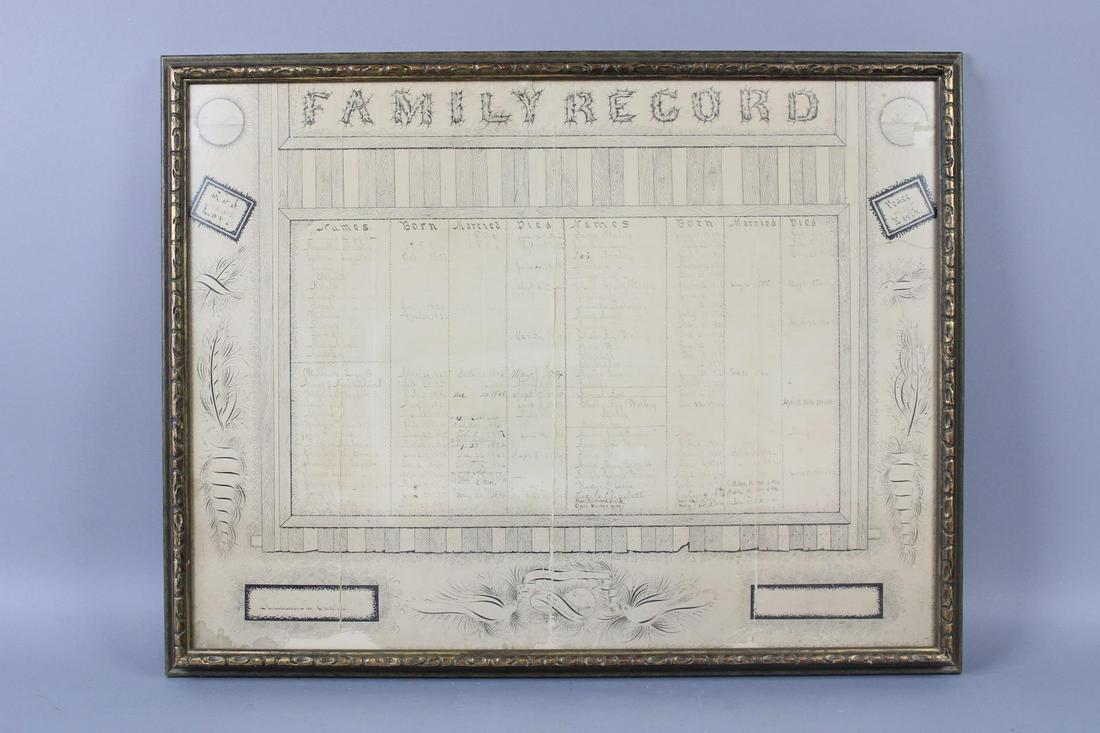 Folk Art Calligraphy 19th Century Family Record, Liggett Family: Folk Art Hand Drawn 19th Century Family Record, Liggett Family. Framed geneological record in ink on paper lists names, births, deaths and marriages for the Liggett family throughout the 19th C. Calli