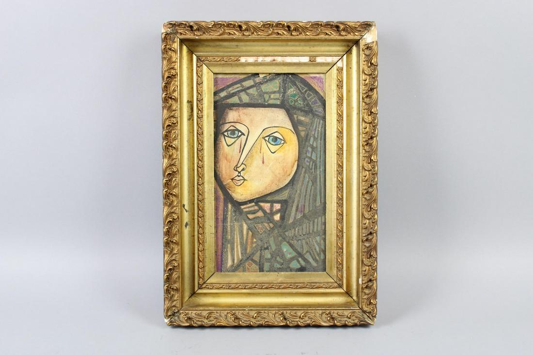 Framed Cubist Painting, Woman Crying Tears of Blood: Framed Cubist Painting, Woman Crying Tears of Blood. Framed in gold wood, modernist painting on board of a woman in black, crying tears of blood. The name W.J. Hannon is written on the back. Dimension