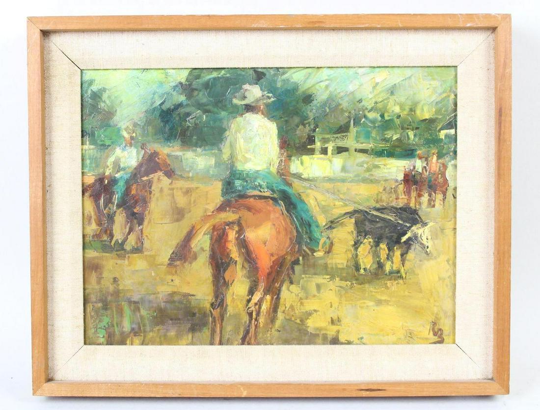 Ron Blumberg Framed Western Painting, "Roped Steer" (1 of 9)