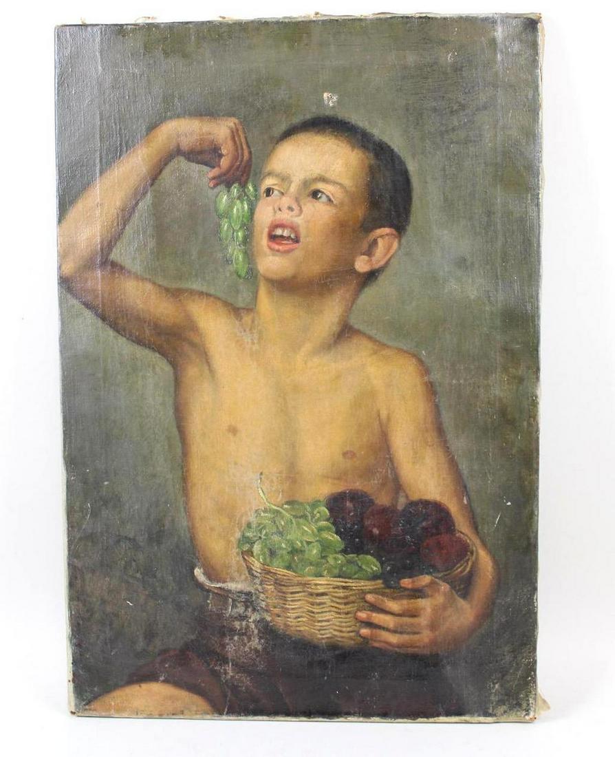 19th C. Painting of a Boy Eating Grapes w/ Artist Self-Portrait on Back (1 of 13)