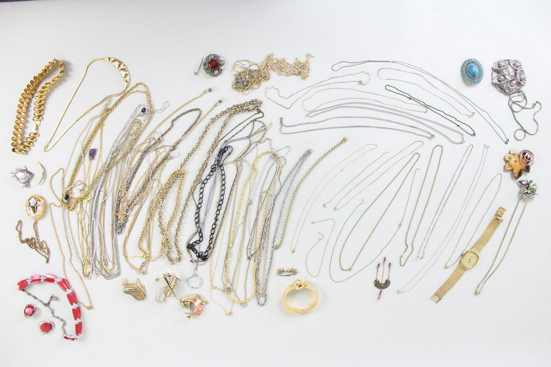 Large 75+ Piece Lot of Assorted Jewelry, Sterling, Gold, Chains, Pins & More (1 of 17)
