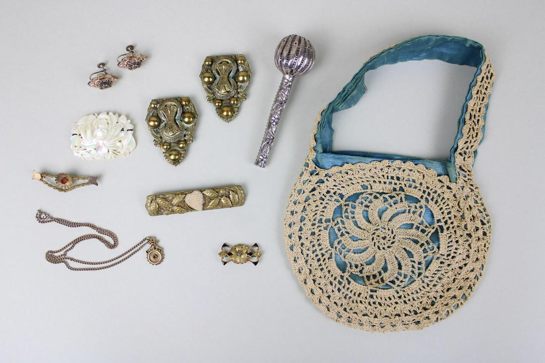 8 Piece Lot; Victorian Jewelry, Silver Rattle & Crochet Silk Purse (1 of 15)
