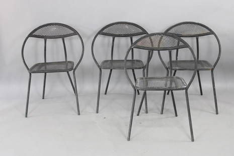 Mid-Century Modern Salterini Patio Hoop Chairs & Table: Mid-Century Modern Salterini Patio Hoop Chairs & Table. This is an excellent black outdoor patio set in the style of John Salterini. They each have a wrought iron tubular form and a metal mesh seat an