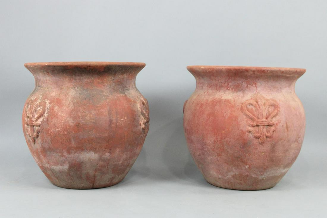 Pair of Large Terracotta Garden Planters with Fleur de Lis (1 of 6)