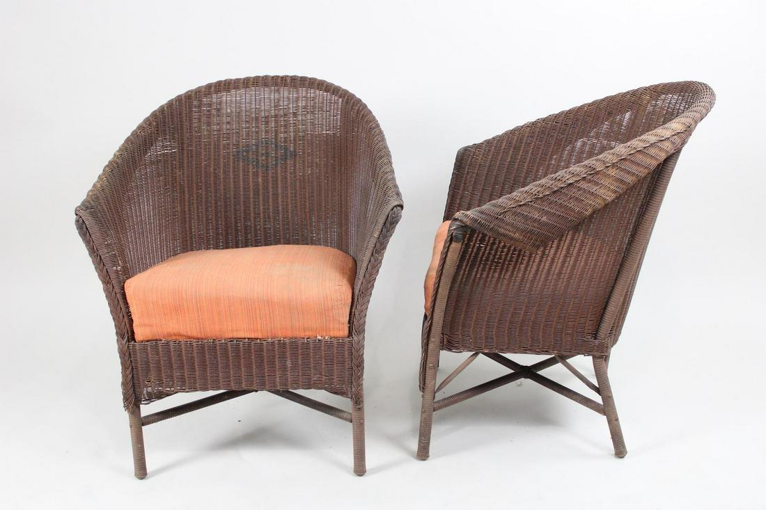Pair of Brown Wicker Lounge Chairs with Cushions (1 of 7)