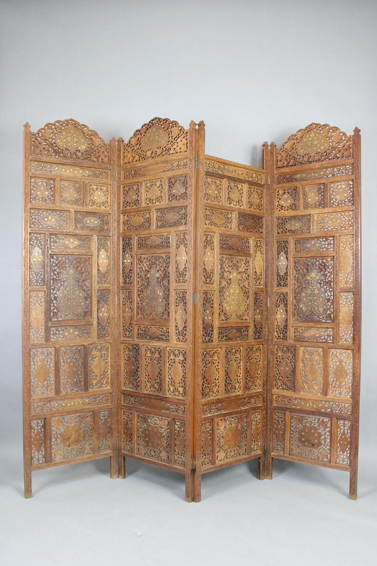 6-ft Brass Inlaid Pierced Wood Moroccan 4-Panel Screen (1 of 15)
