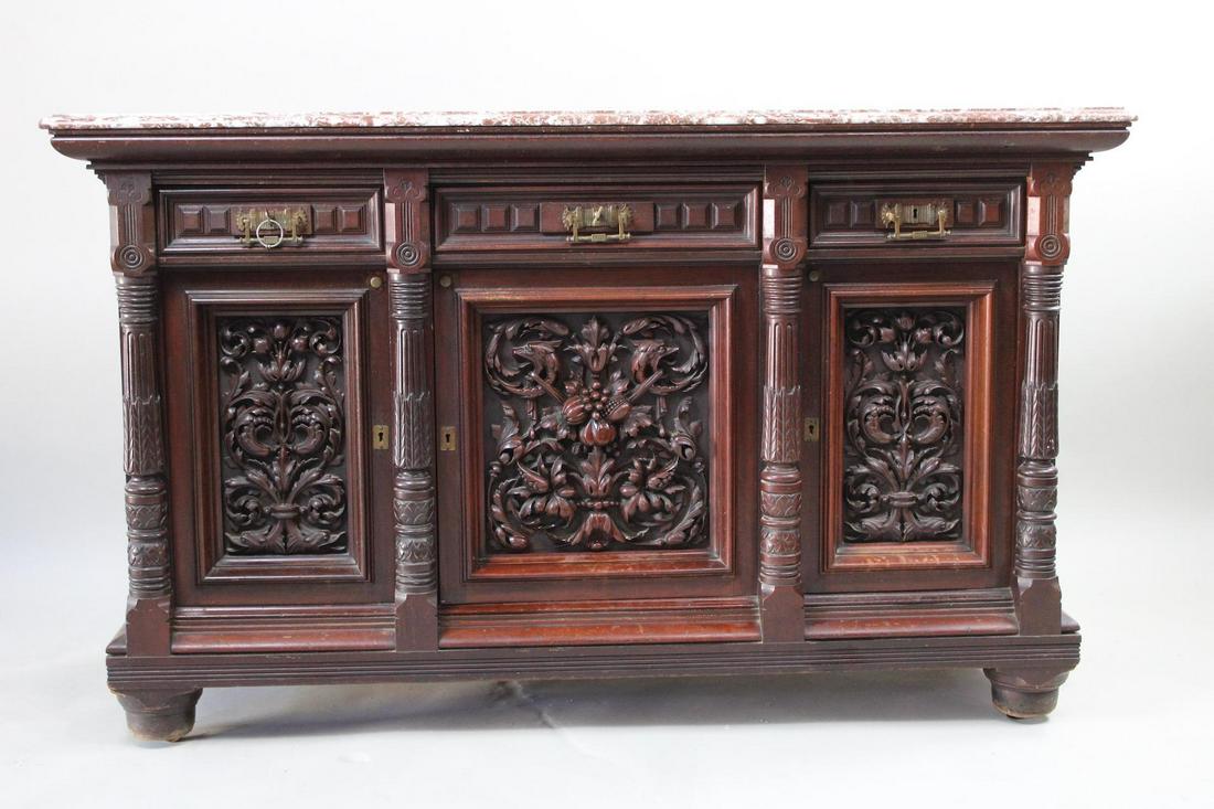 19th C. Ornately Carved Renaissance Sideboard Buffet w/ Marble Top (1 of 19)