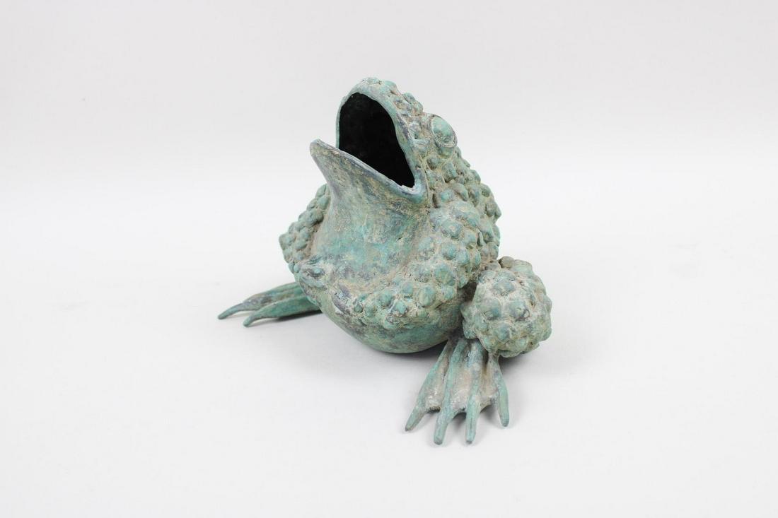 Copper Sculpture of Frog, Patina Copper: Copper Yard Statuette of Toad. This is a fun statue of a toad croaking. It is made of copper and has a great patina. Dimensions are 7.75 in h x 10.25 in w x 6.75 in d. Condition is good. There is oxid