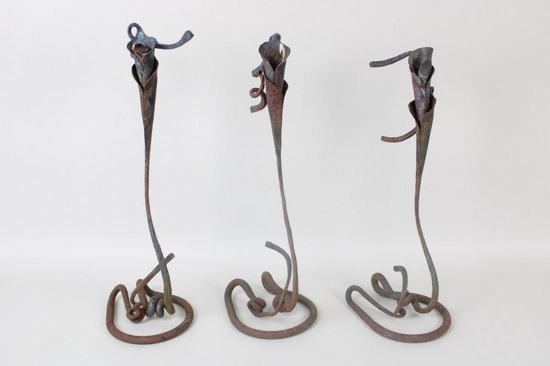 Lot of 3 of Hand Crafted Calla Lily Wrought Iron & Copper Candlesticks, Jack Brubaker Style (1 of 9)