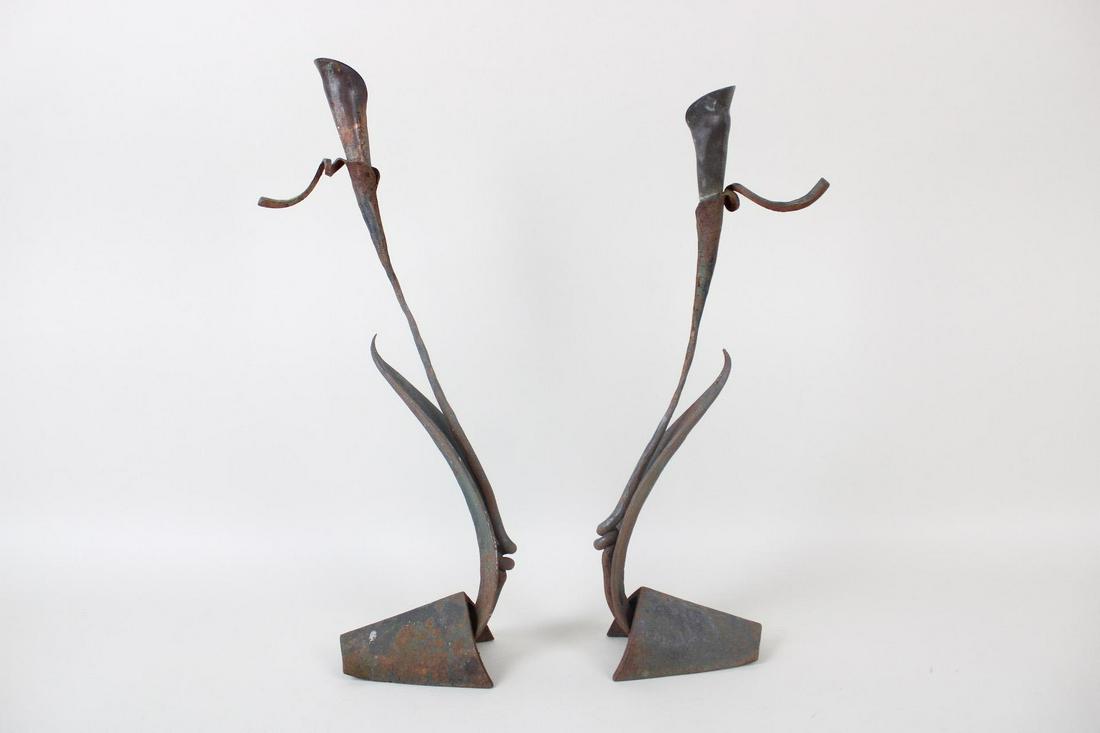 Pair of Hand Crafted Calla Lily Wrought Iron & Copper Candlesticks, Jack Brubaker Style (1 of 9)