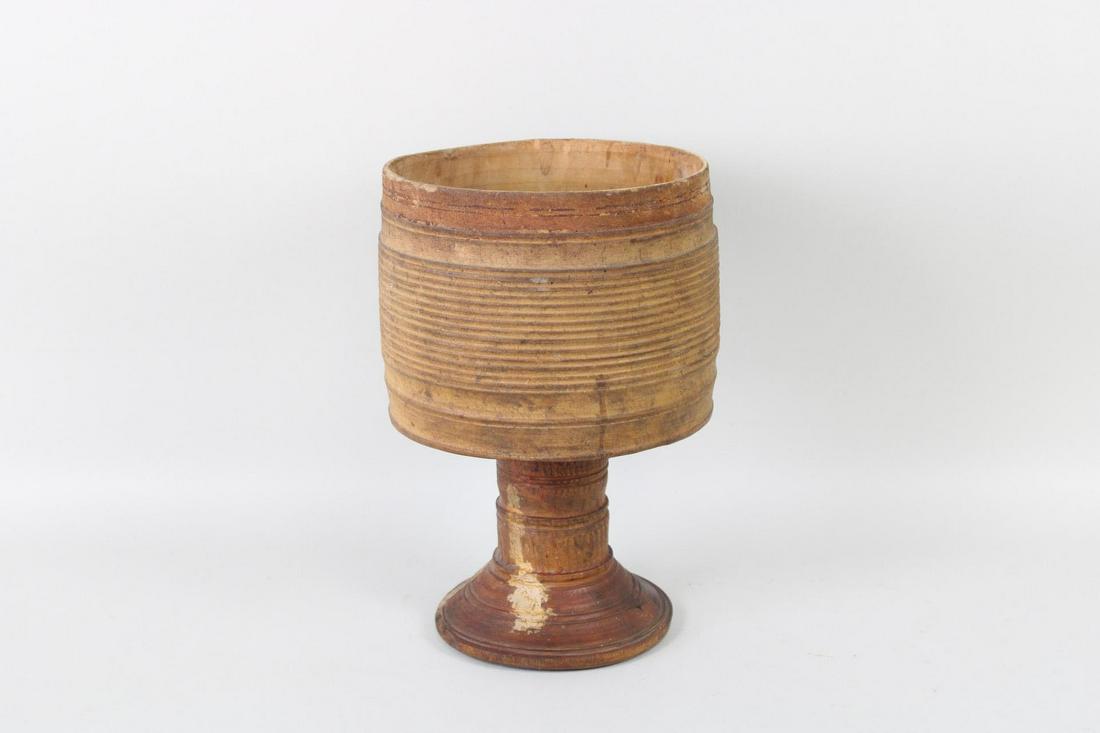 Turned Wood Turkish Tombak Planter Pedestal: Turned Wood Turkish Tombak Planter Pedestal. Attractive wood pedestal in a goblet shape looks like a mortar but with hollow middle, more likely to have originated as a Turkish tombak or tonbak drum, n