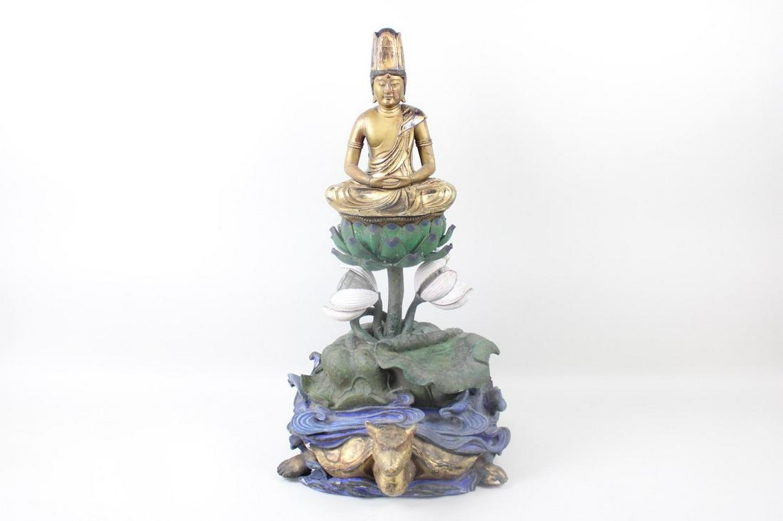 Japanese Edo Period Gilt Lacquered Wood Buddha on Lotus & Turtle Base (1 of 18)