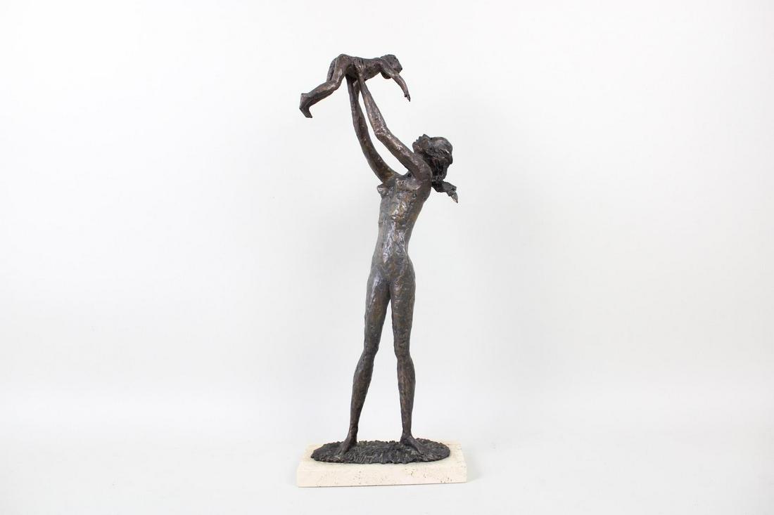Bronze Modernist Sculpture Of Nude Mother & Child, Signed Lss