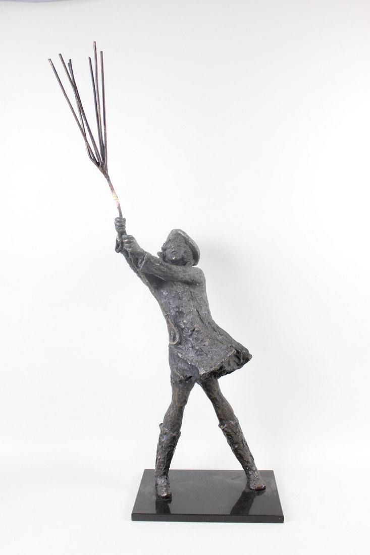 Bronze Modernist Sculpture of a Girl Struggling w/ Umbrella on a Windy Day, Signed LSS (1 of 12)