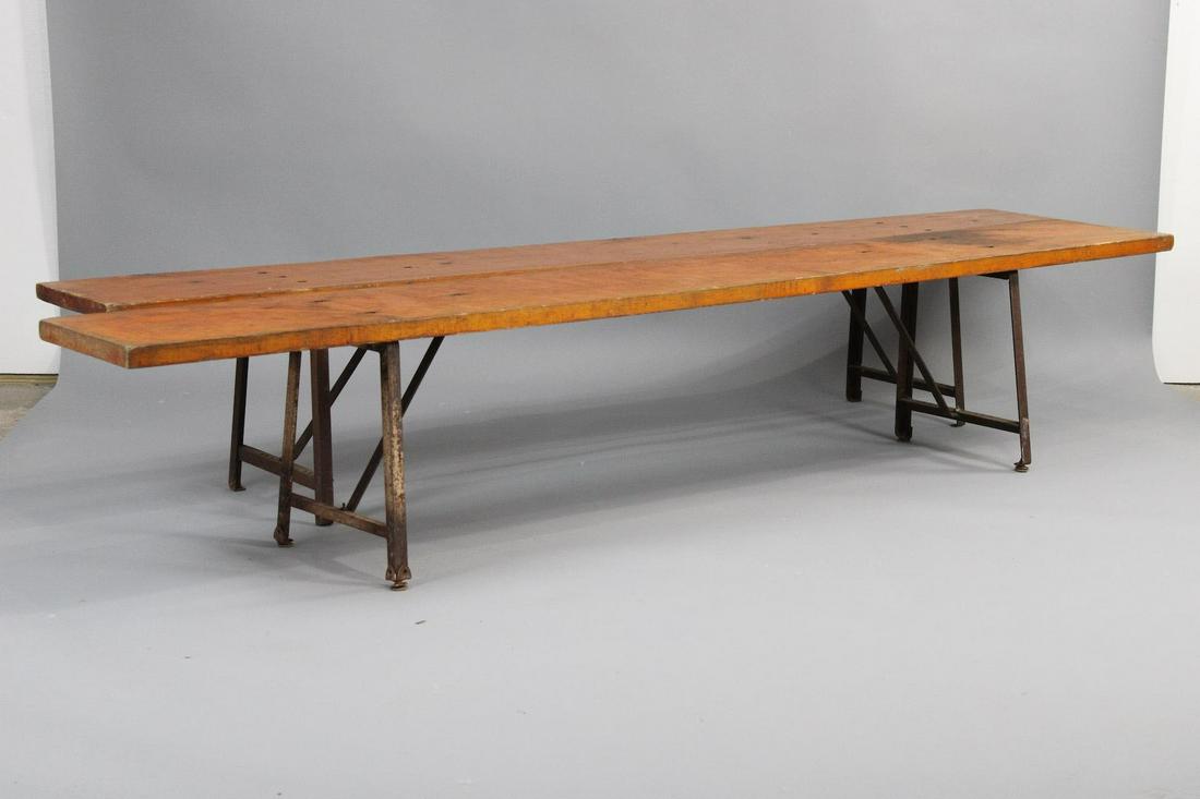 Pair of Minimalist Industrial 1-Board Top Benches: Pair of Minimalist Industrial 1-Board Top Benches. These are a matching pair. Nice metal legs with one board top. Dimensions are 18 in h x 96 in w x 15 in d. Condition is very good. Please call or ema
